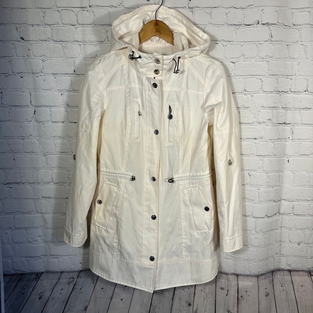 Betsey Johnson Womens Utility Hooded Jacket Ivory Off White Snap Zip Front L